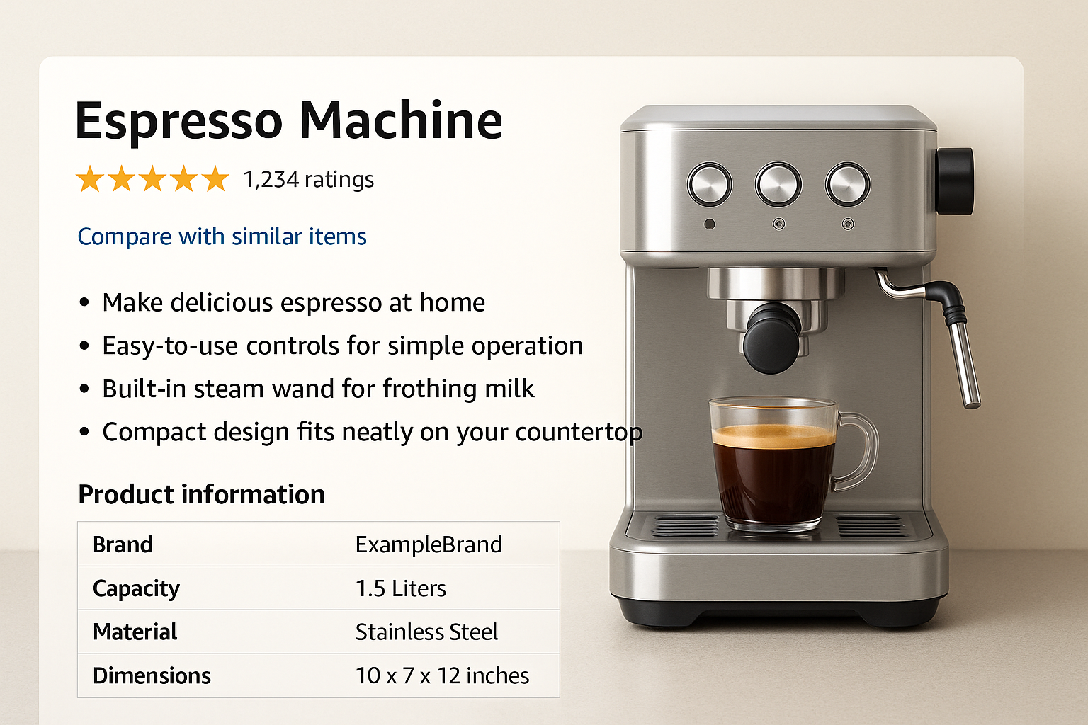 Ficha de cafetera espresso optimizada con bullets claros, reseñas destacadas y estructura fácil de interpretar por inteligencia artificial como Rufus